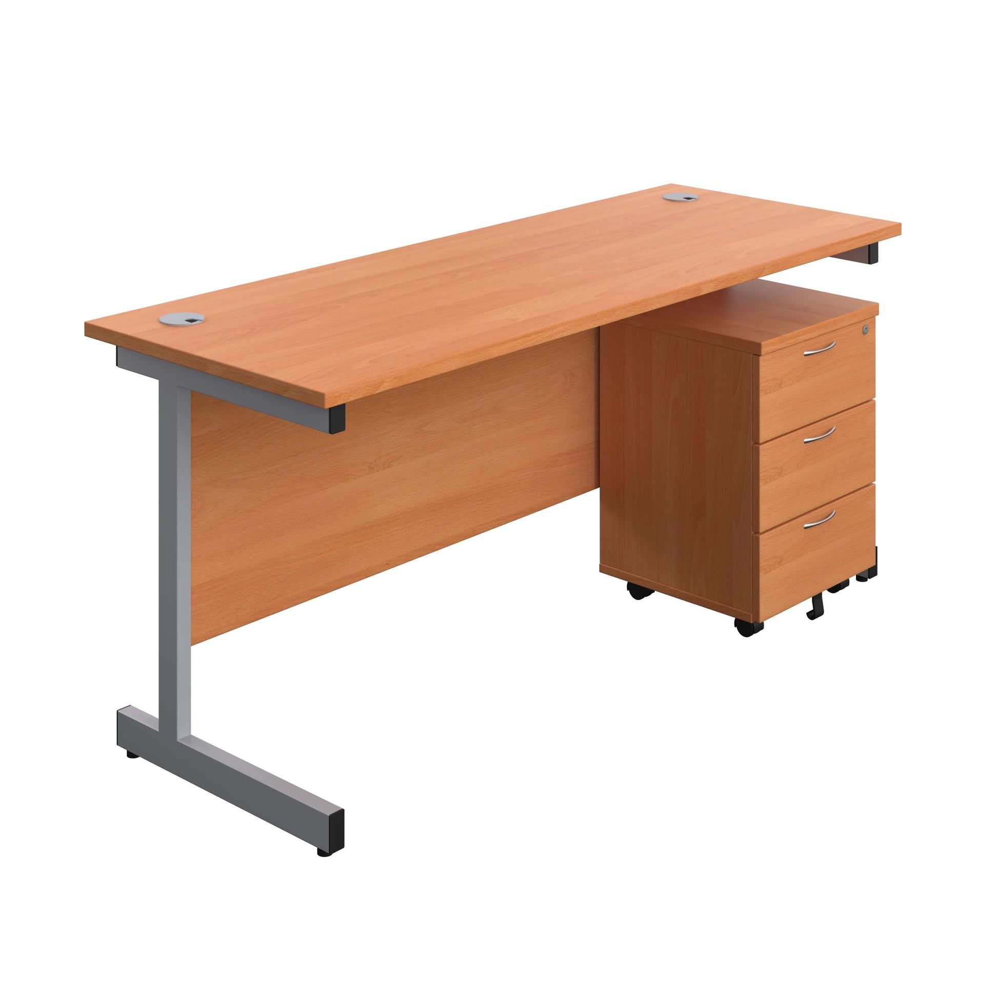 Single Upright Rectangular Desk + Mobile 3 Drawer Pedestal (FSC) | 1600 X 600 | Beech/Silver