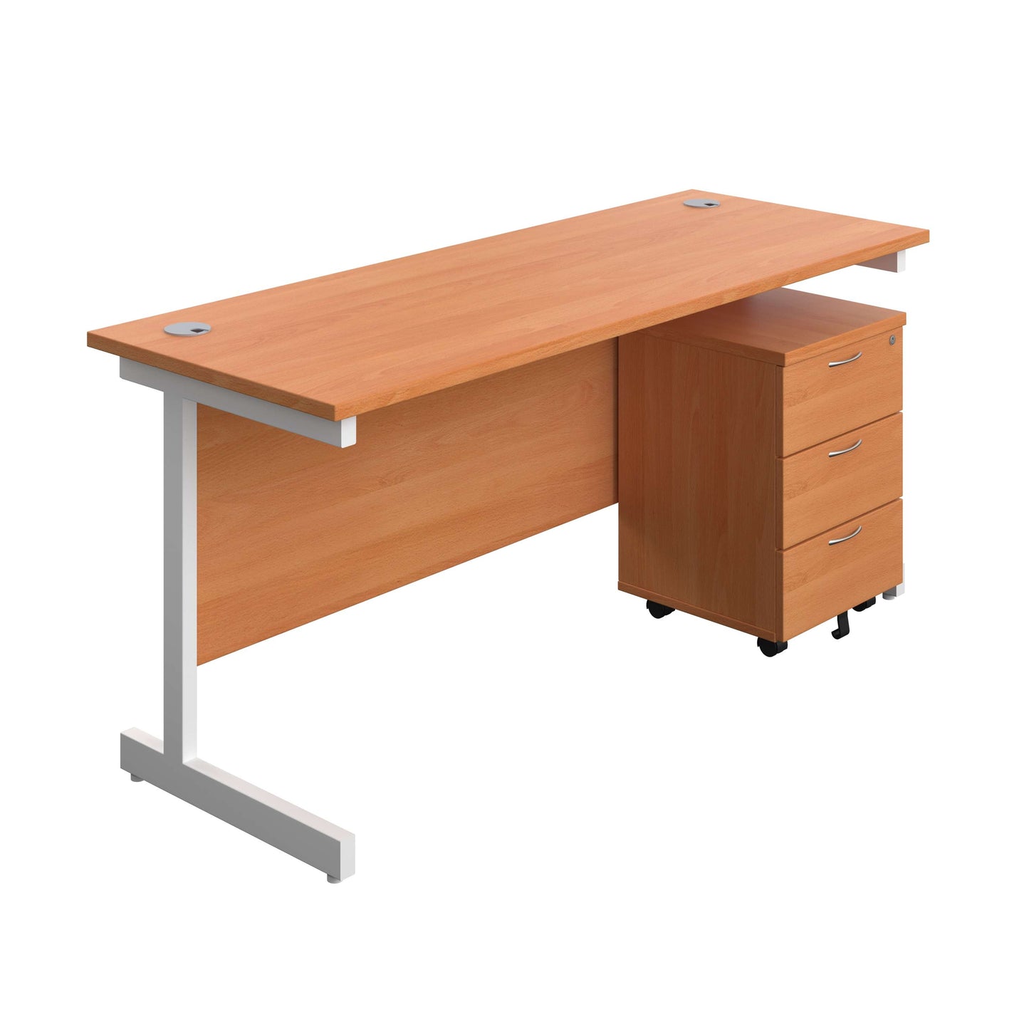 Single Upright Rectangular Desk + Mobile 3 Drawer Pedestal (FSC) | 1600 X 600 | Beech/White