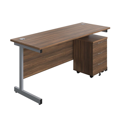 Single Upright Rectangular Desk + Mobile 3 Drawer Pedestal (FSC) | 1600 X 600 | Dark Walnut/Silver