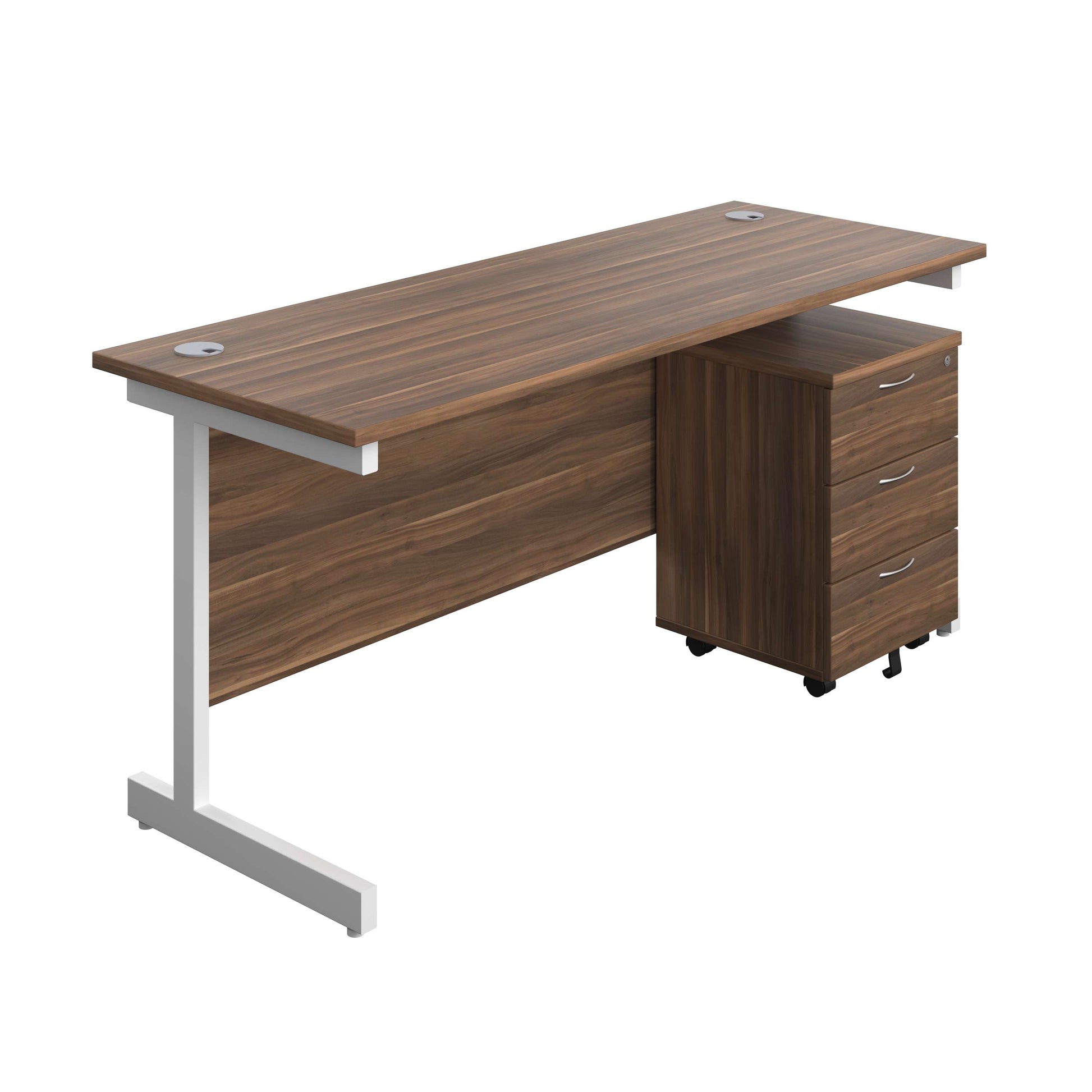 Single Upright Rectangular Desk + Mobile 3 Drawer Pedestal (FSC) | 1600 X 600 | Dark Walnut/White