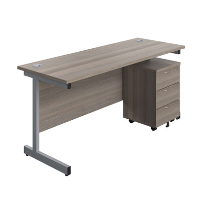 Single Upright Rectangular Desk + Mobile 3 Drawer Pedestal (FSC) | 1600 X 600 | Grey Oak/Silver