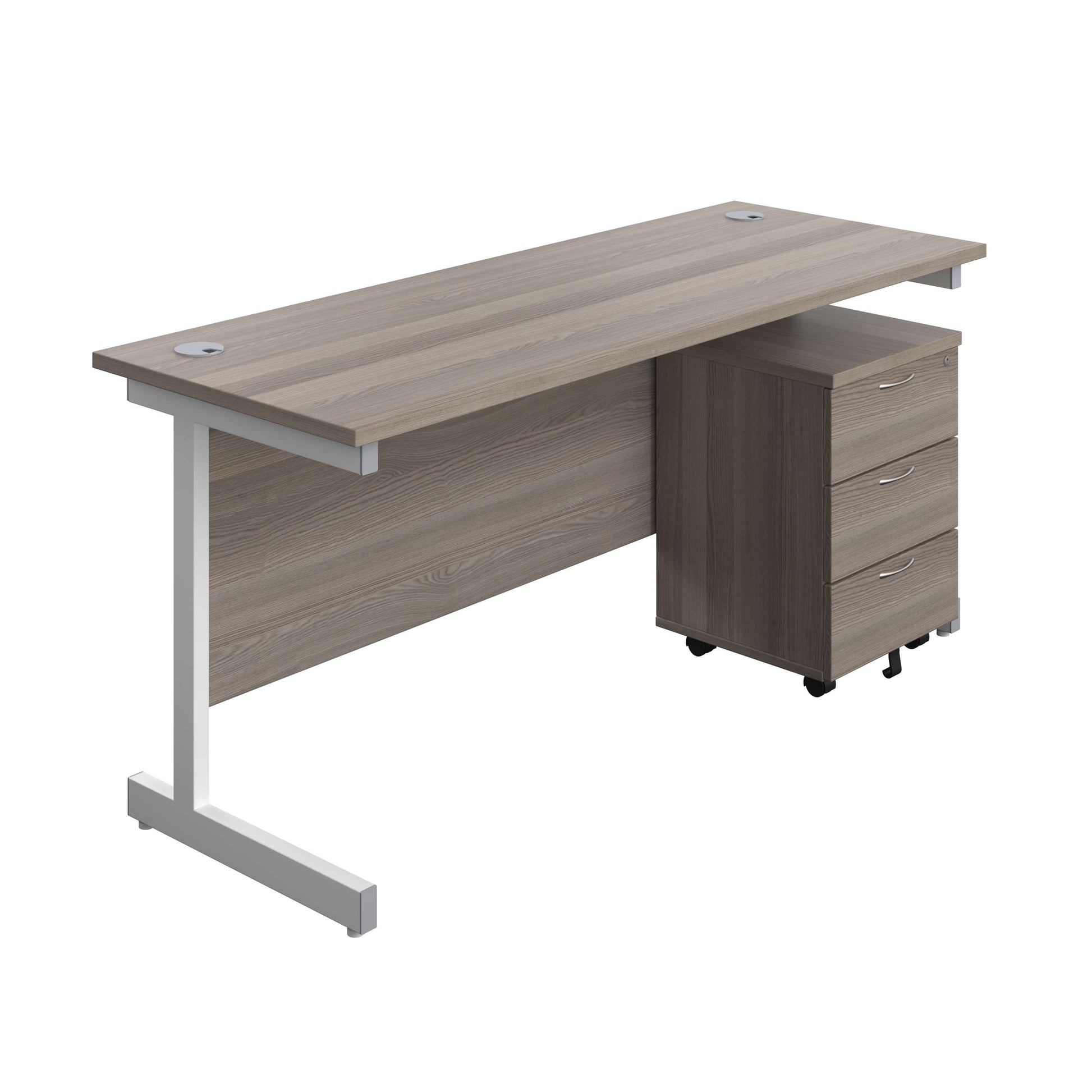 Single Upright Rectangular Desk + Mobile 3 Drawer Pedestal (FSC) | 1600 X 600 | Grey Oak/White