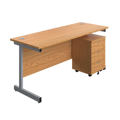 Single Upright Rectangular Desk + Mobile 3 Drawer Pedestal (FSC) | 1600 X 600 | Nova Oak/Silver