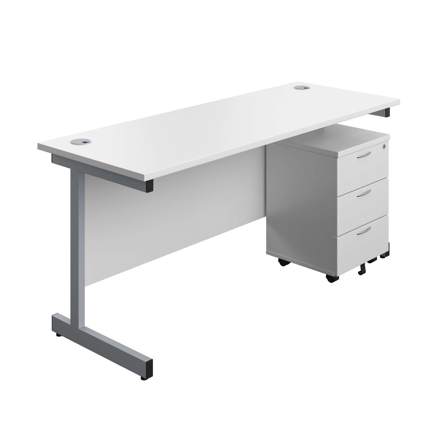 Single Upright Rectangular Desk + Mobile 3 Drawer Pedestal (FSC) | 1600 X 600 | White/Silver