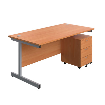 Single Upright Rectangular Desk + Mobile 3 Drawer Pedestal (FSC) | 1600 X 800 | Beech/Silver