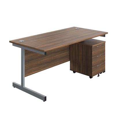 Single Upright Rectangular Desk + Mobile 3 Drawer Pedestal (FSC) | 1600 X 800 | Dark Walnut/Silver