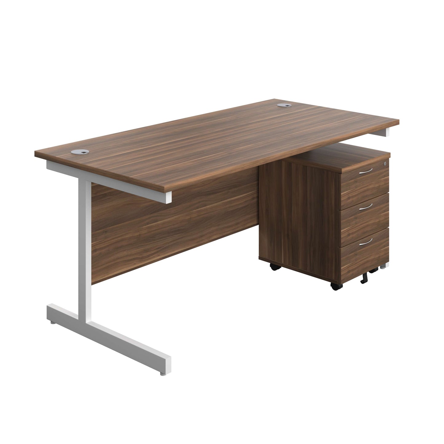 Single Upright Rectangular Desk + Mobile 3 Drawer Pedestal (FSC) | 1600 X 800 | Dark Walnut/White