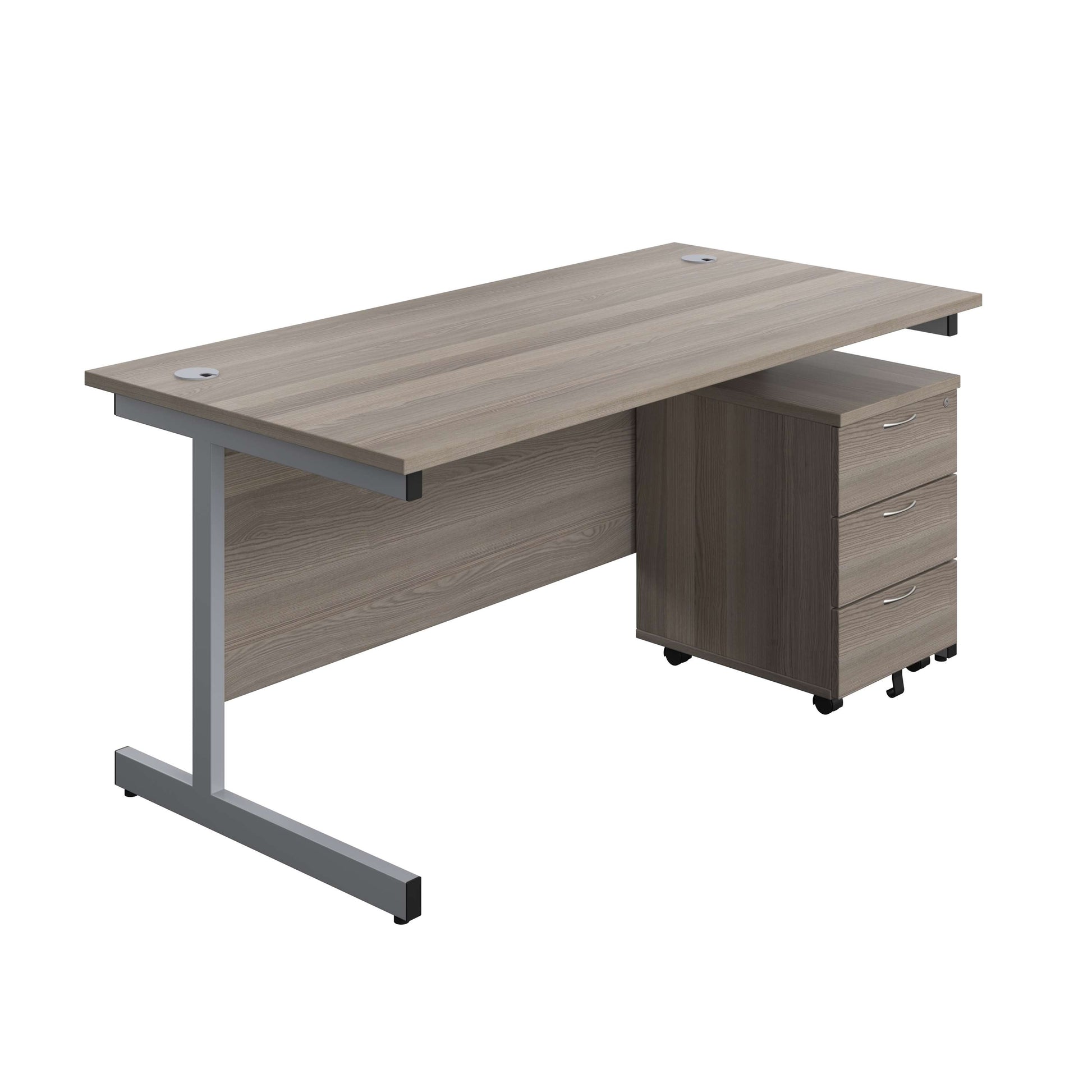 Single Upright Rectangular Desk + Mobile 3 Drawer Pedestal (FSC) | 1600 X 800 | Grey Oak/Silver