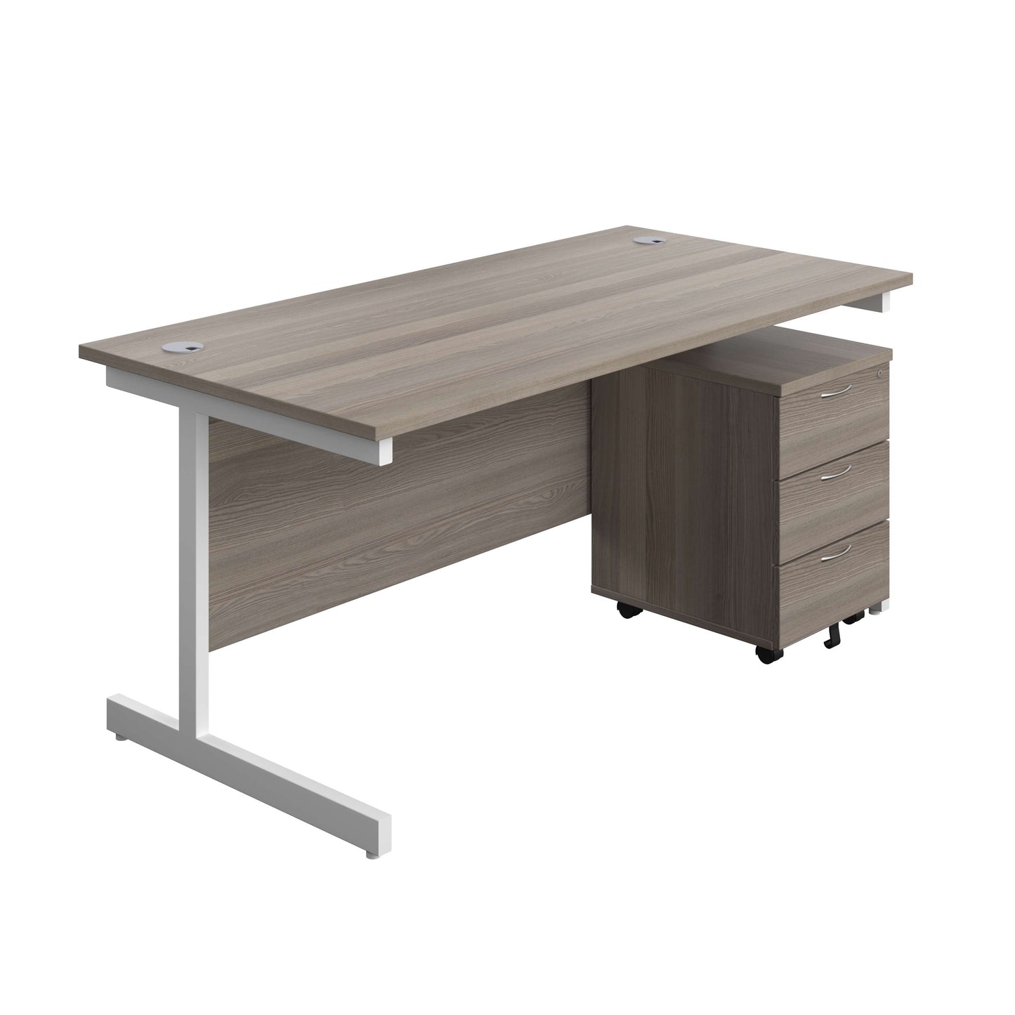 Single Upright Rectangular Desk + Mobile 3 Drawer Pedestal (FSC) | 1600 X 800 | Grey Oak/White