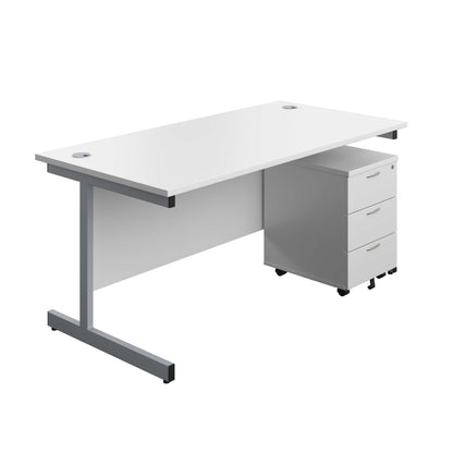 Single Upright Rectangular Desk + Mobile 3 Drawer Pedestal (FSC) | 1600 X 800 | White/Silver