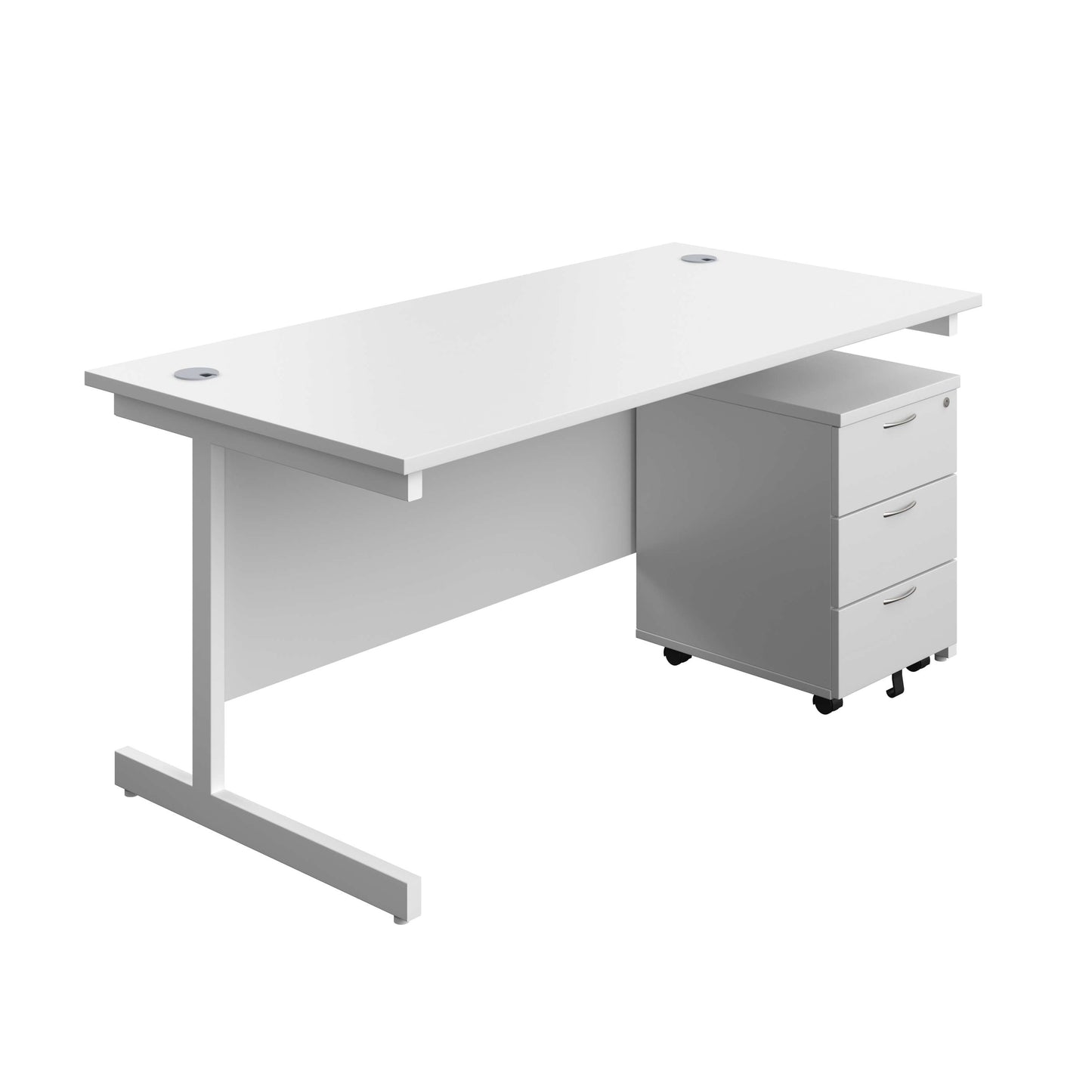 Single Upright Rectangular Desk + Mobile 3 Drawer Pedestal (FSC) | 1600 X 800 | White/White