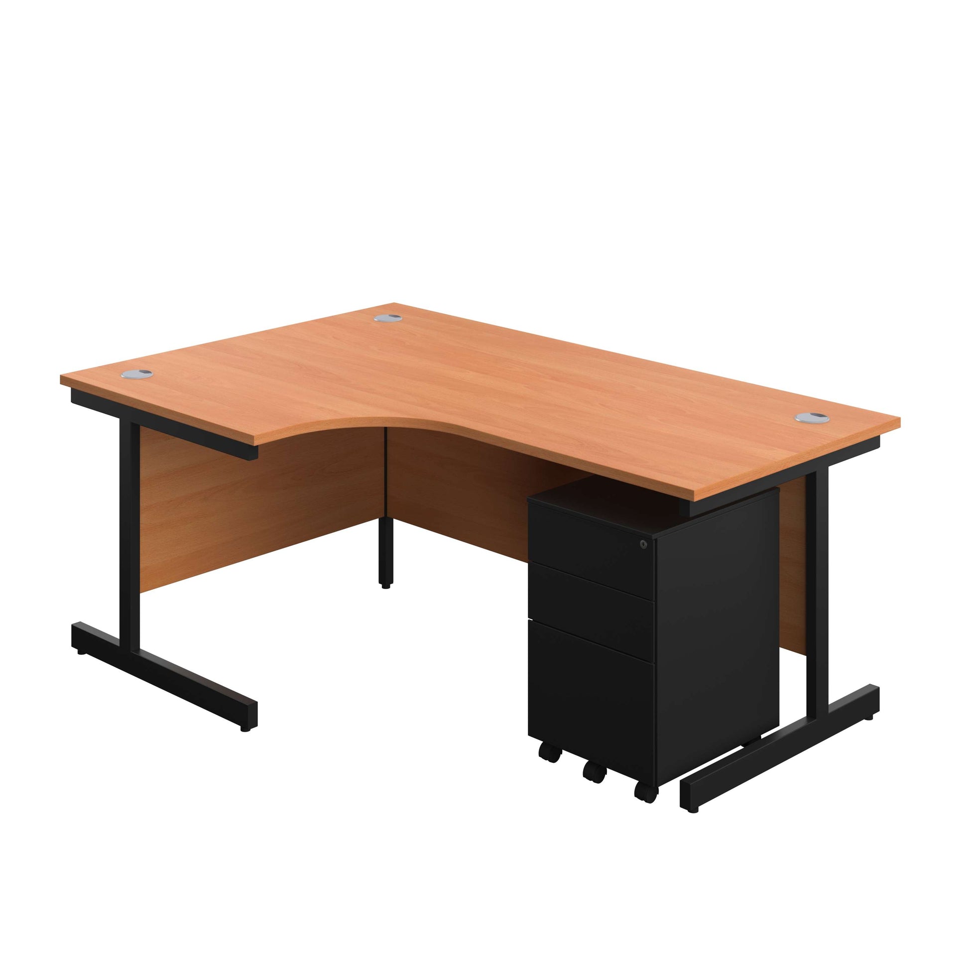 Single Upright Left Hand Radial Desk + Under Desk Steel Pedestal 3 Drawers (FSC) | 1800 X 1200 | Beech/Black