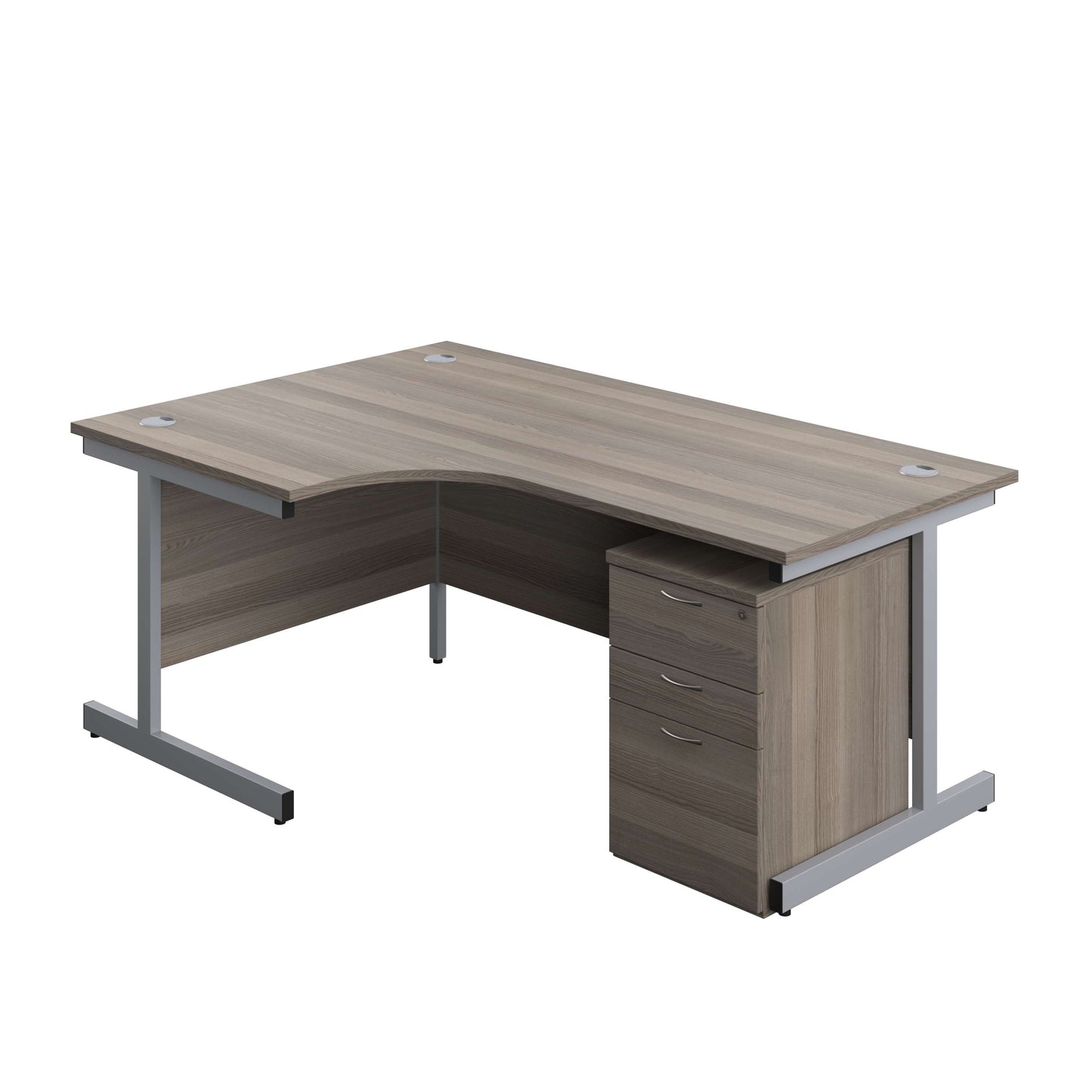 Single Upright Left Hand Radial Desk + High Mobile Pedestal 3 Drawer (FSC) | 1800 X 1200 | Grey Oak/Silver