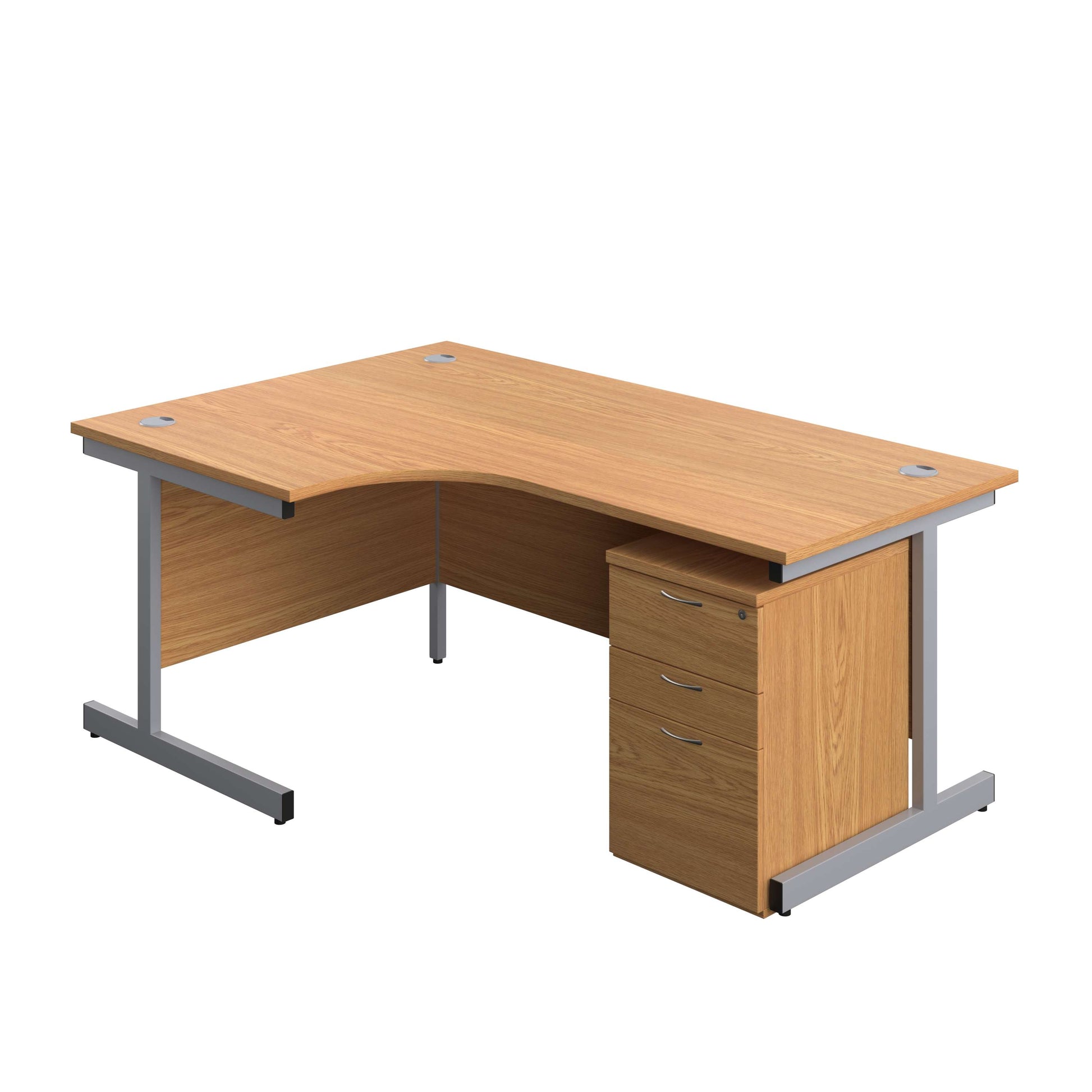 Single Upright Left Hand Radial Desk + High Mobile Pedestal 3 Drawer (FSC) | 1800 X 1200 | Nova Oak/Silver