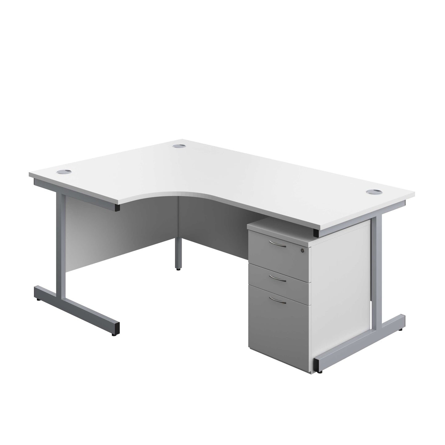 Single Upright Left Hand Radial Desk + High Mobile Pedestal 3 Drawer (FSC) | 1800 X 1200 | White/Silver