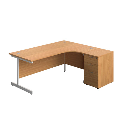 Single Upright Right Hand Radial Desk + Desk High 3 Drawer Pedestal (FSC) | 1800 X 1200 | 600mm Deep Pedestal | Nova Oak/White