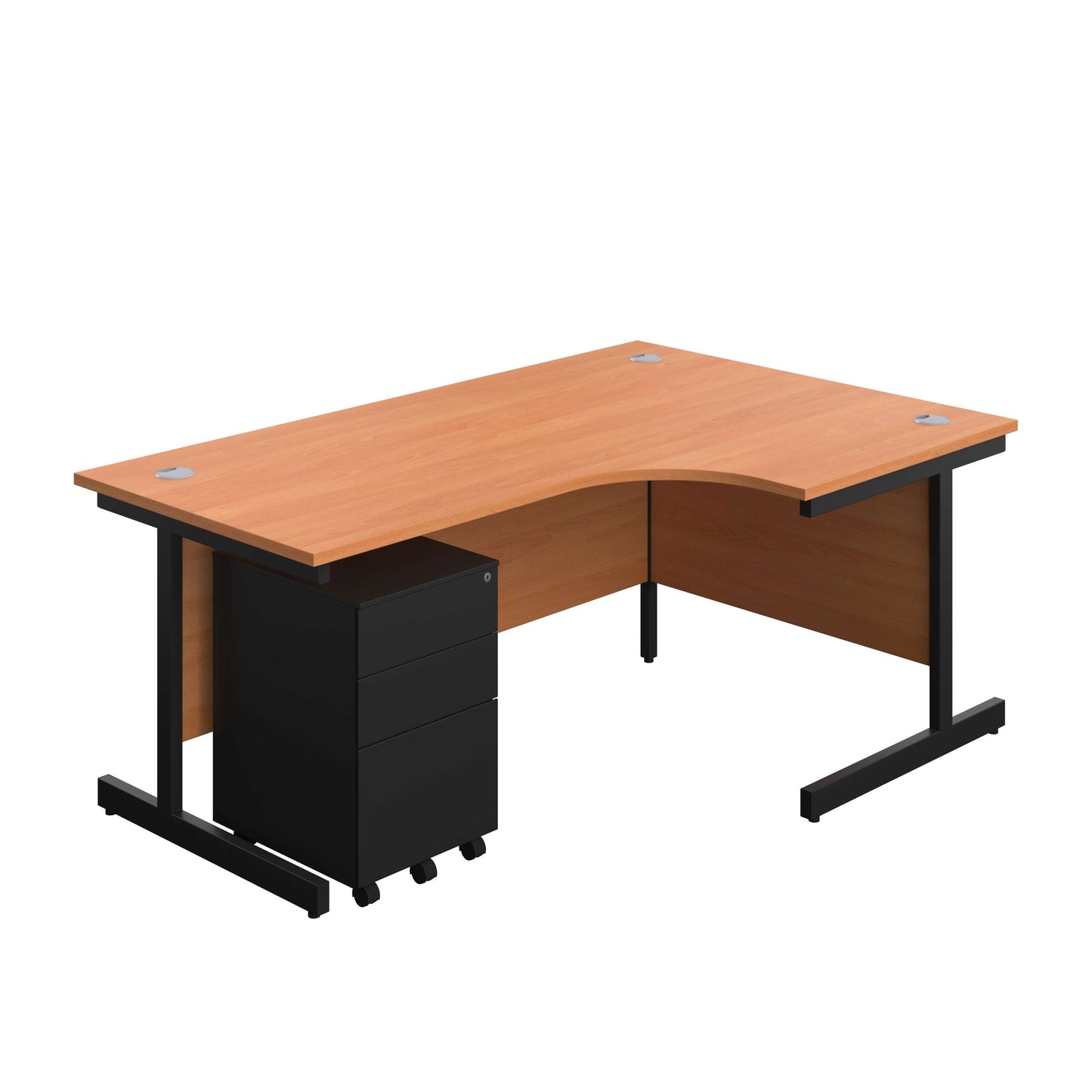 Single Upright Right Hand Radial Desk + Under Desk Steel Pedestal 3 Drawers (FSC) | 1800 X 1200 | Beech/Black