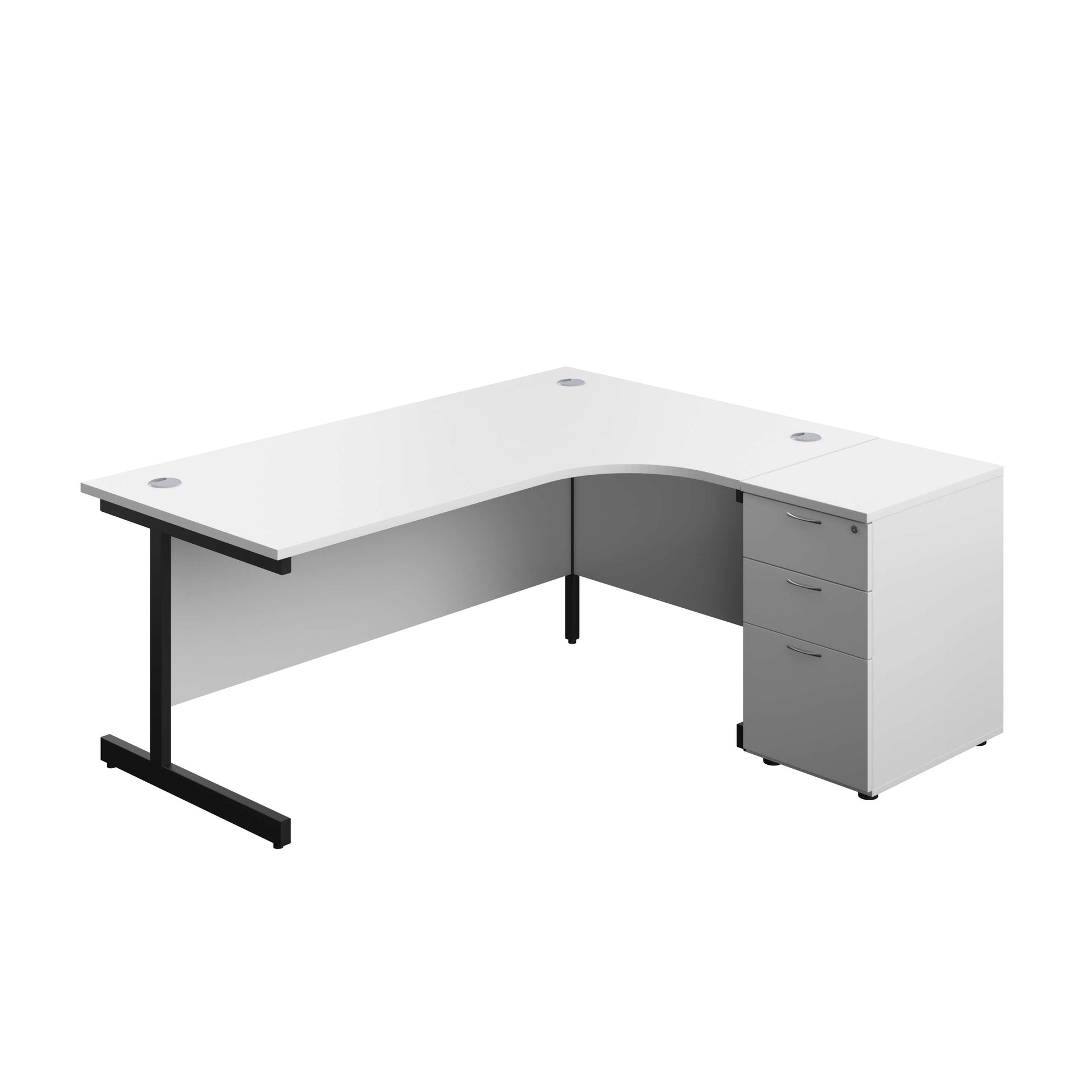 Single Upright Right Hand Radial Desk + Desk High 3 Drawer Pedestal (FSC) | 1800 X 1200 | 600mm Deep Pedestal | White/Black