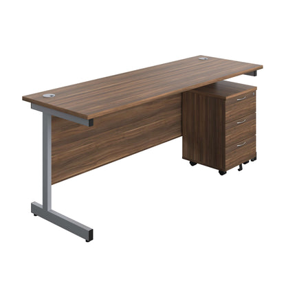 Single Upright Rectangular Desk + Mobile 3 Drawer Pedestal (FSC) | 1800 X 600 | Dark Walnut/Silver