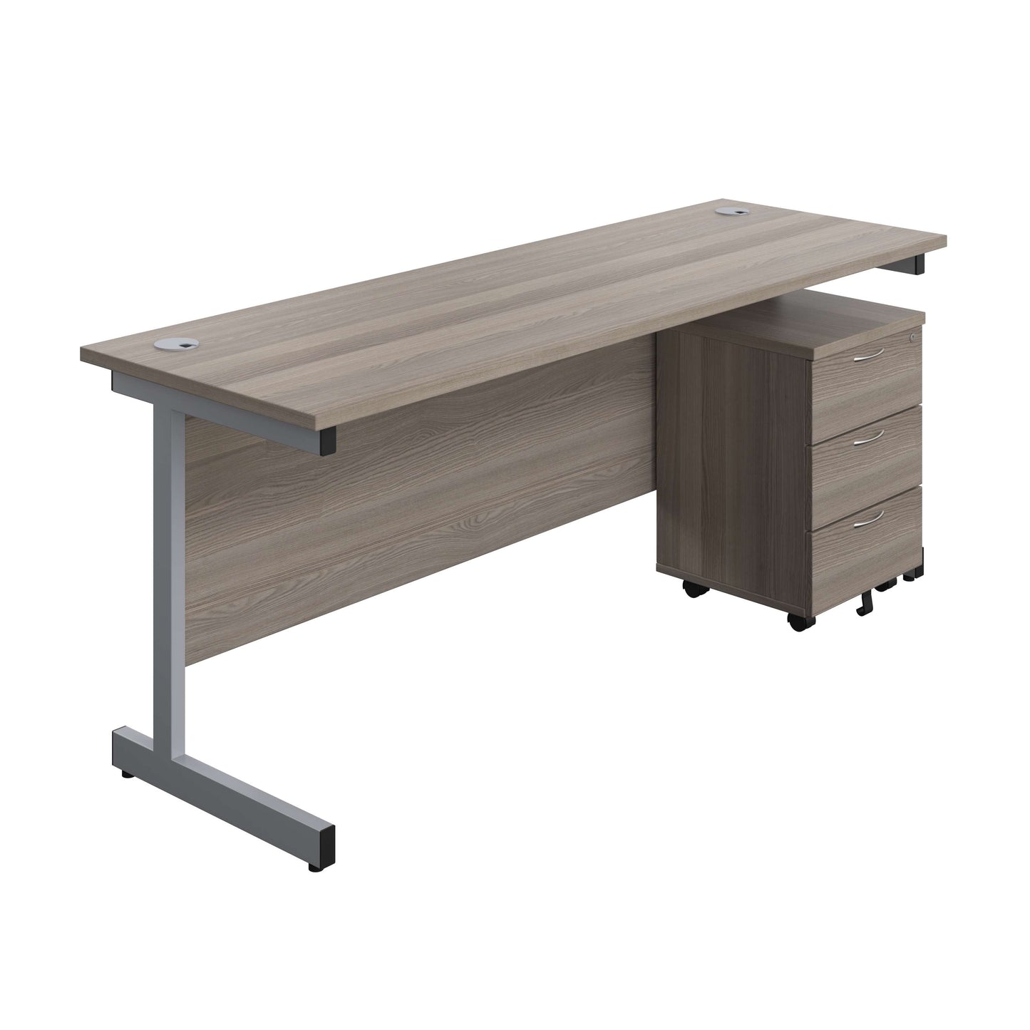 Single Upright Rectangular Desk + Mobile 3 Drawer Pedestal (FSC) | 1800 X 600 | Grey Oak/Silver