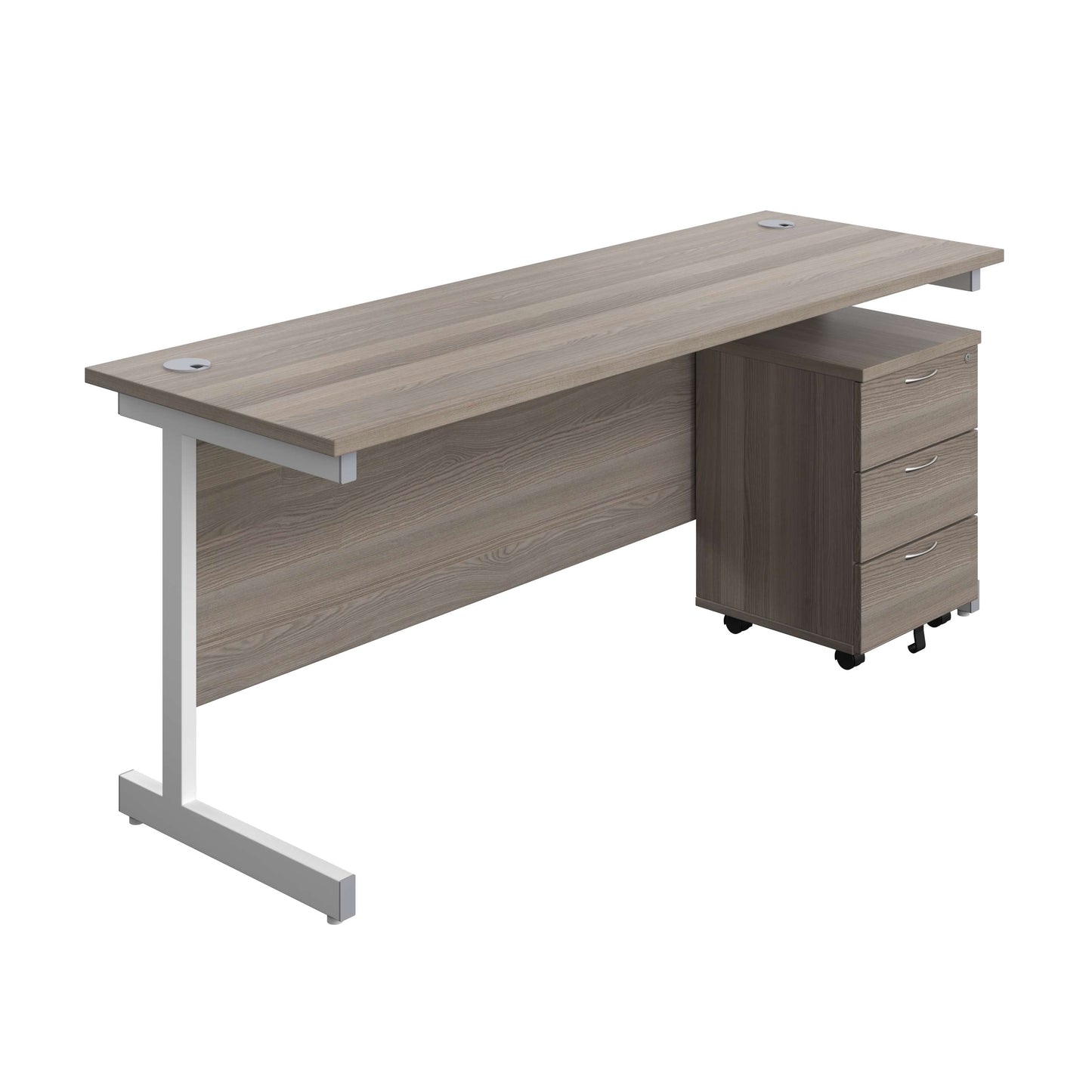 Single Upright Rectangular Desk + Mobile 3 Drawer Pedestal (FSC) | 1800 X 600 | Grey Oak/White