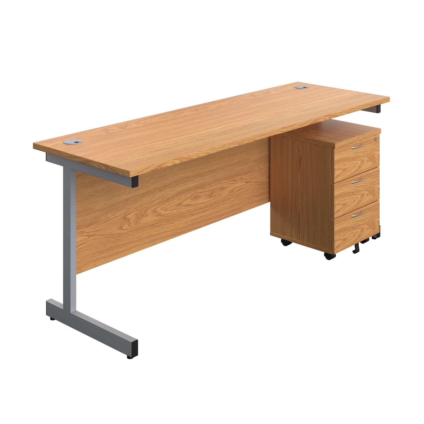 Single Upright Rectangular Desk + Mobile 3 Drawer Pedestal (FSC) | 1800 X 600 | Nova Oak/Silver