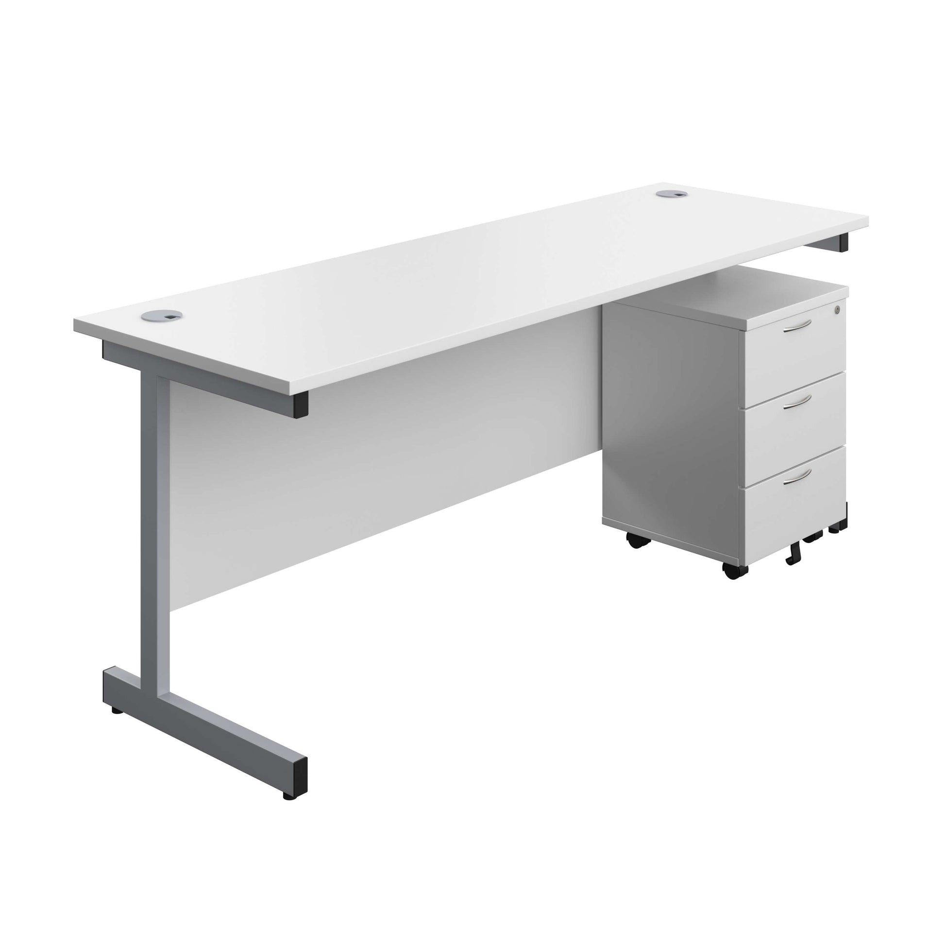 Single Upright Rectangular Desk + Mobile 3 Drawer Pedestal (FSC) | 1800 X 600 | White/Silver