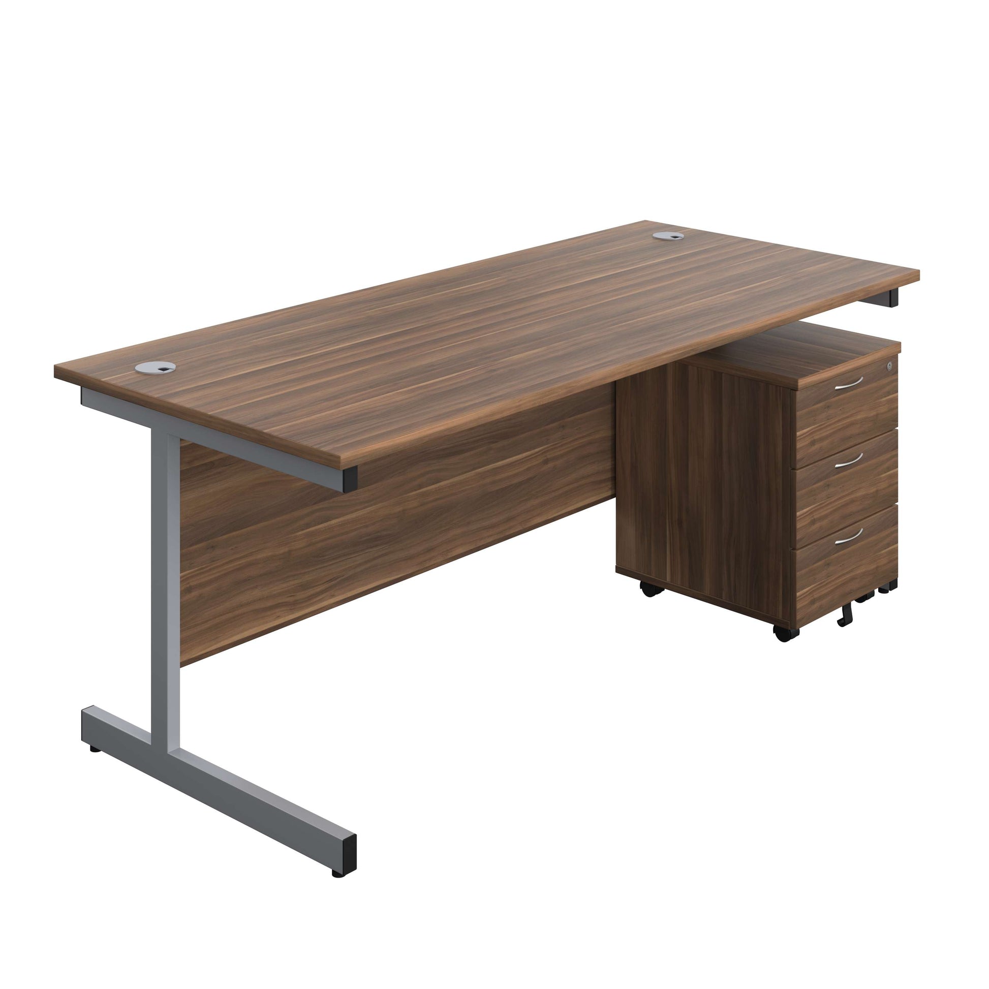 Single Upright Rectangular Desk + Mobile 3 Drawer Pedestal (FSC) | 1800 X 800 | Dark Walnut/Silver