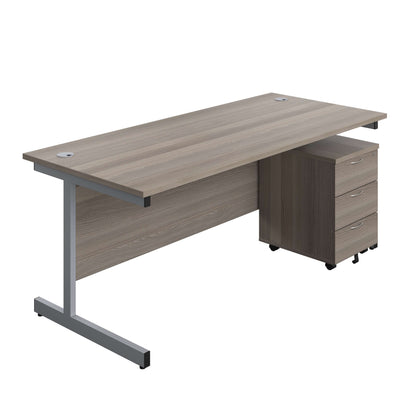 Single Upright Rectangular Desk + Mobile 3 Drawer Pedestal (FSC) | 1800 X 800 | Grey Oak/Silver