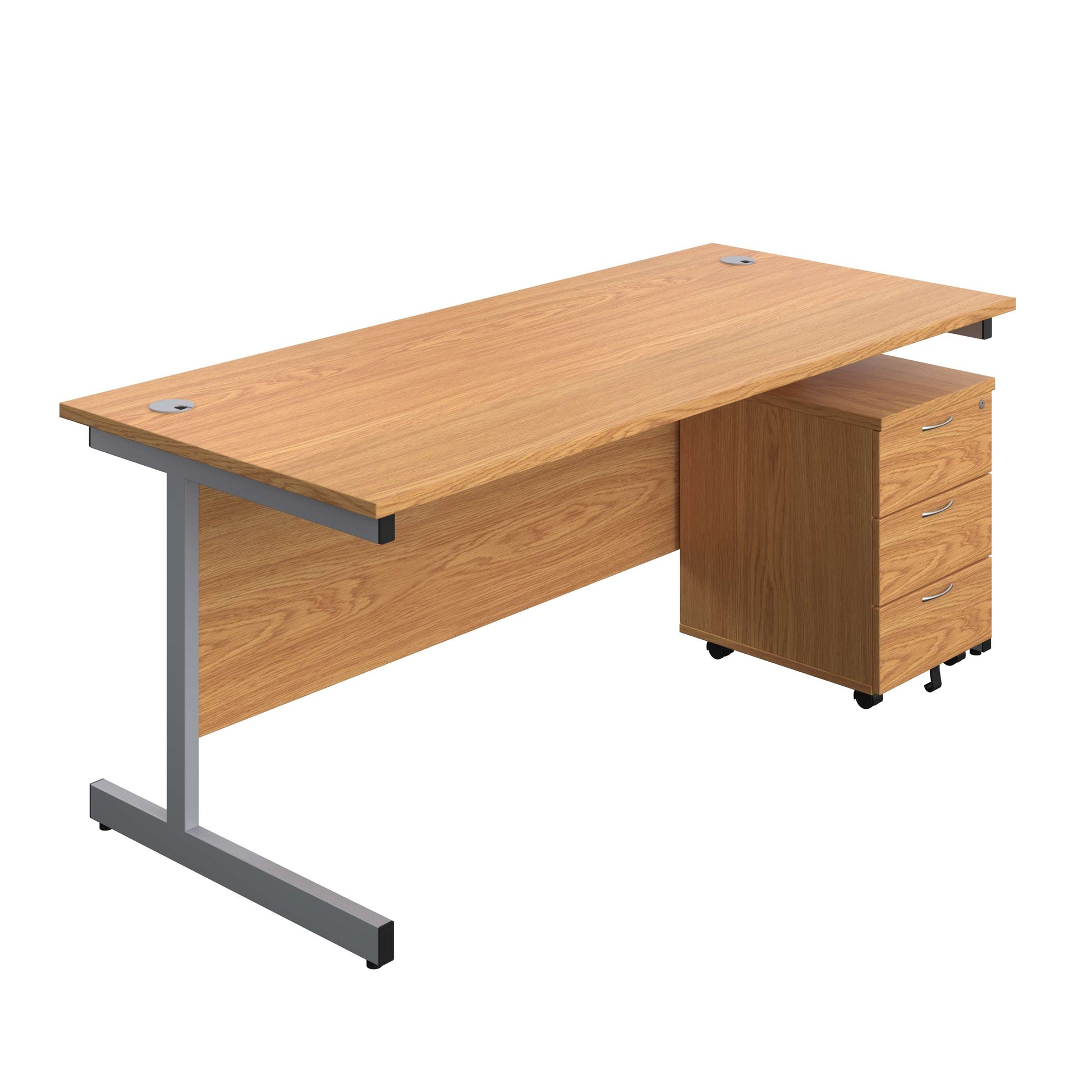 Single Upright Rectangular Desk + Mobile 3 Drawer Pedestal (FSC) | 1800 X 800 | Nova Oak/Silver