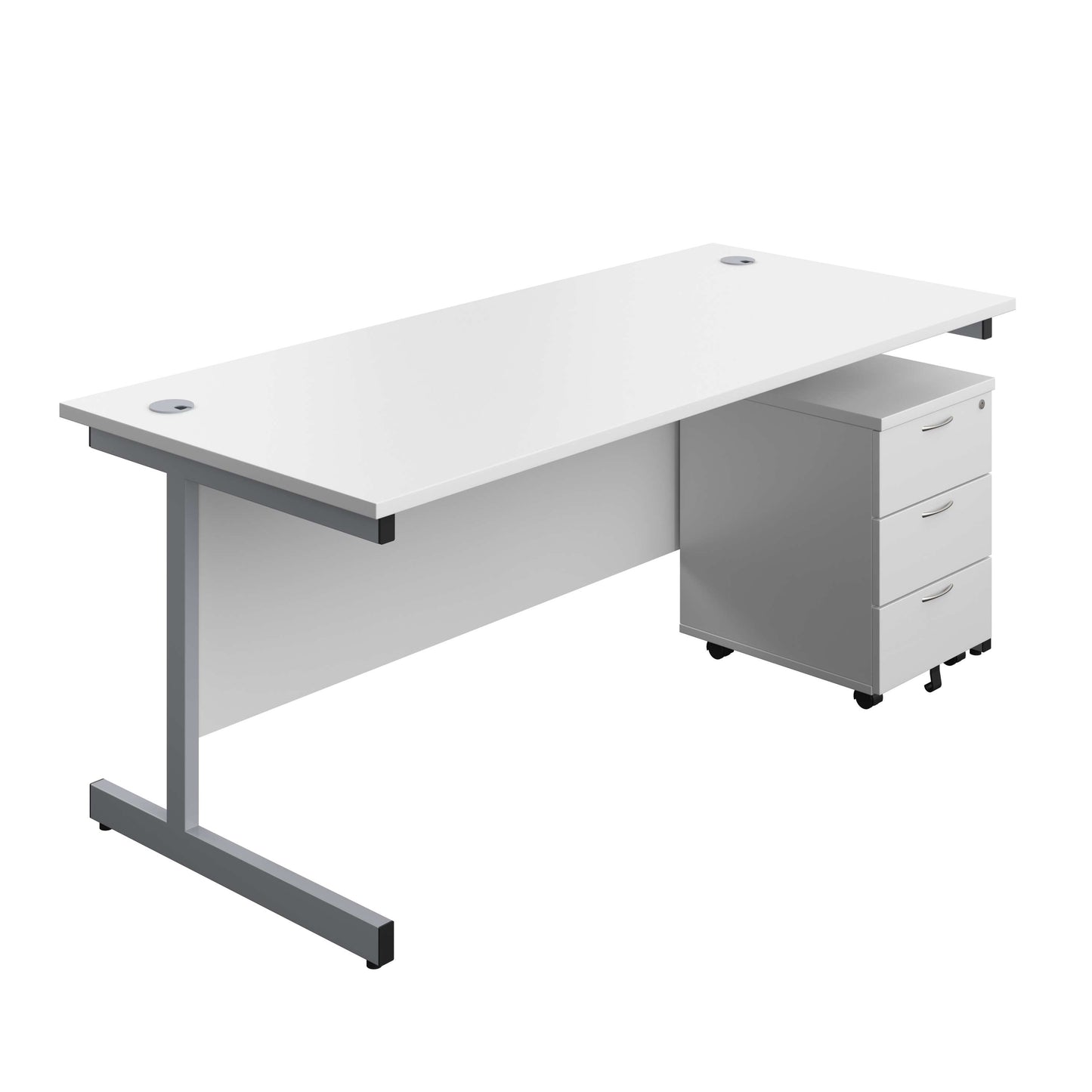 Single Upright Rectangular Desk + Mobile 3 Drawer Pedestal (FSC) | 1800 X 800 | White/Silver