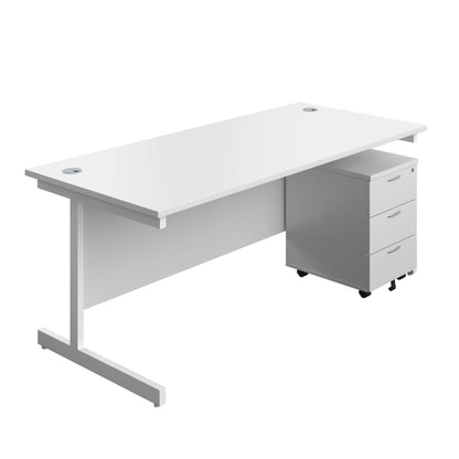 Single Upright Rectangular Desk + Mobile 3 Drawer Pedestal (FSC) | 1800 X 800 | White/White