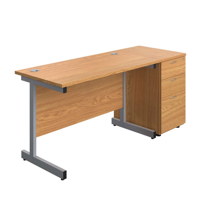 Single Upright Rectangular Desk + Desk High 3 Drawer Pedestal (FSC) | 1200 X 600 | Nova Oak/Silver