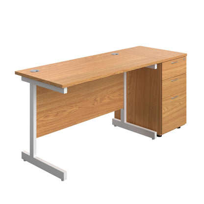 Single Upright Rectangular Desk + Desk High 3 Drawer Pedestal (FSC) | 1200 X 600 | Nova Oak/White