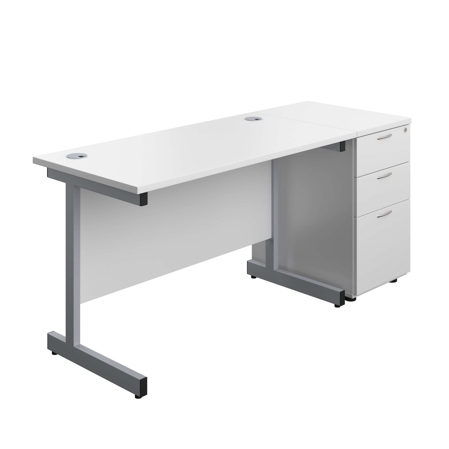 Single Upright Rectangular Desk + Desk High 3 Drawer Pedestal (FSC) | 1200 X 600 | White/Silver