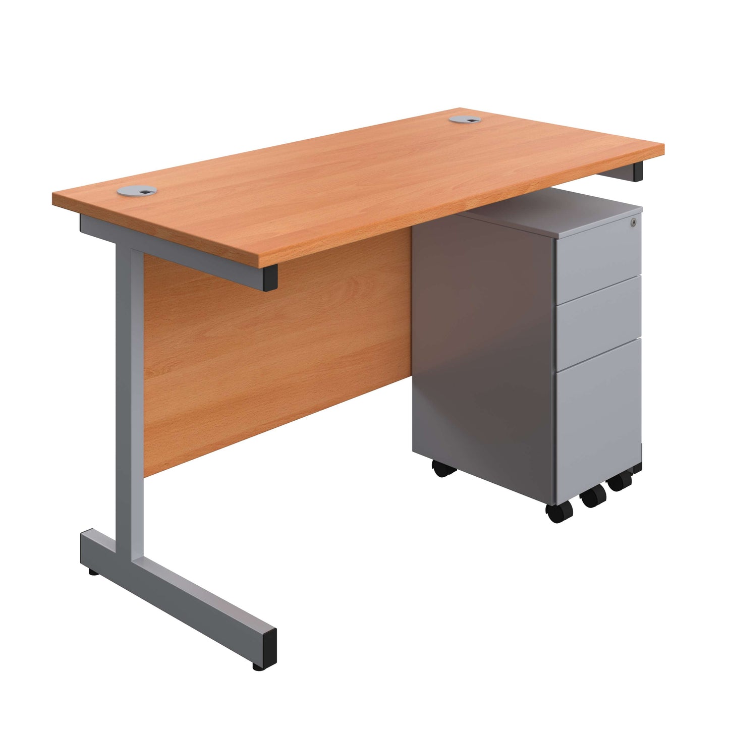 Single Upright Rectangular Desk + Slimline Steel Pedestal 3 Drawers (FSC) | 1200 X 600 | Beech/Silver