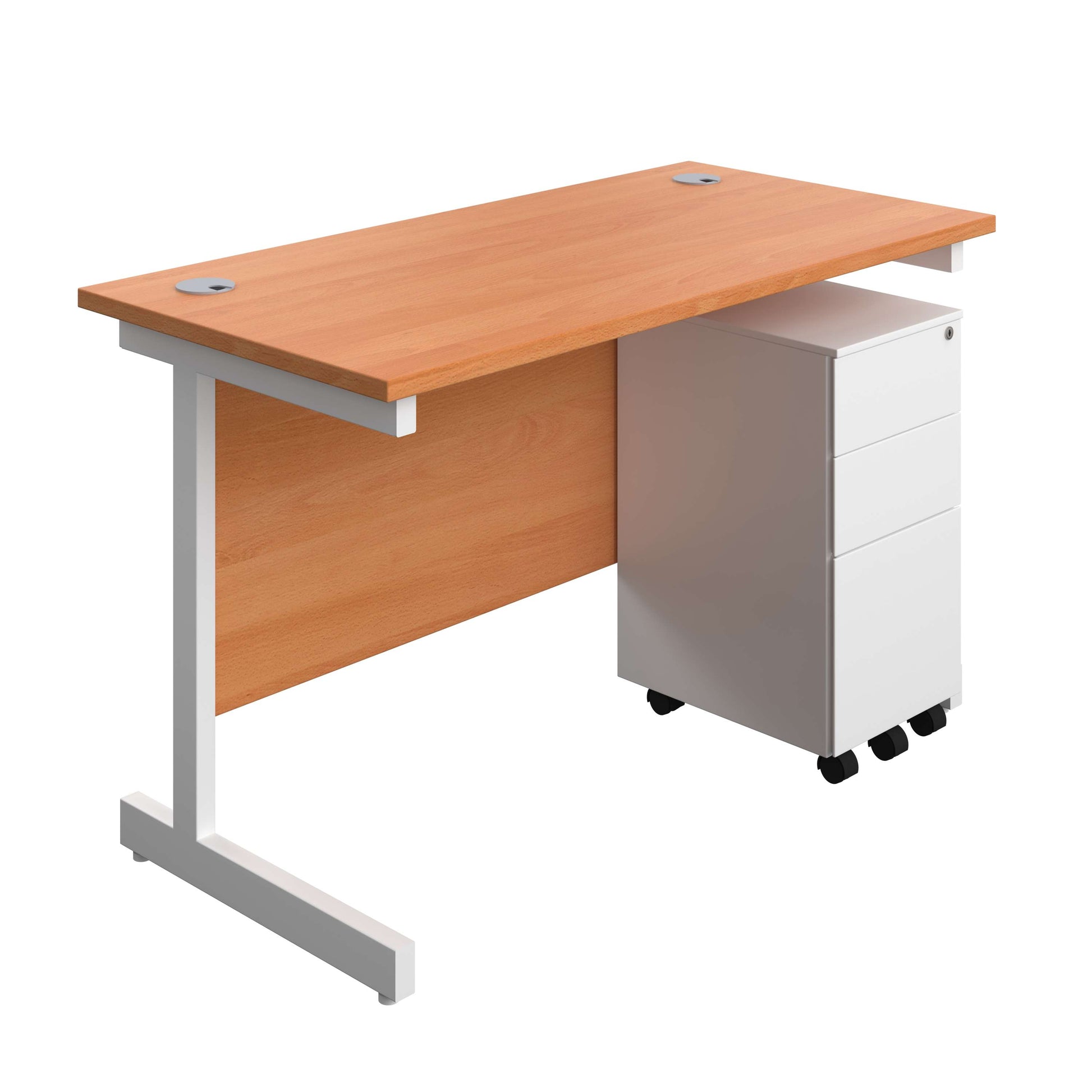 Single Upright Rectangular Desk + Slimline Steel Pedestal 3 Drawers (FSC) | 1200 X 600 | Beech/White