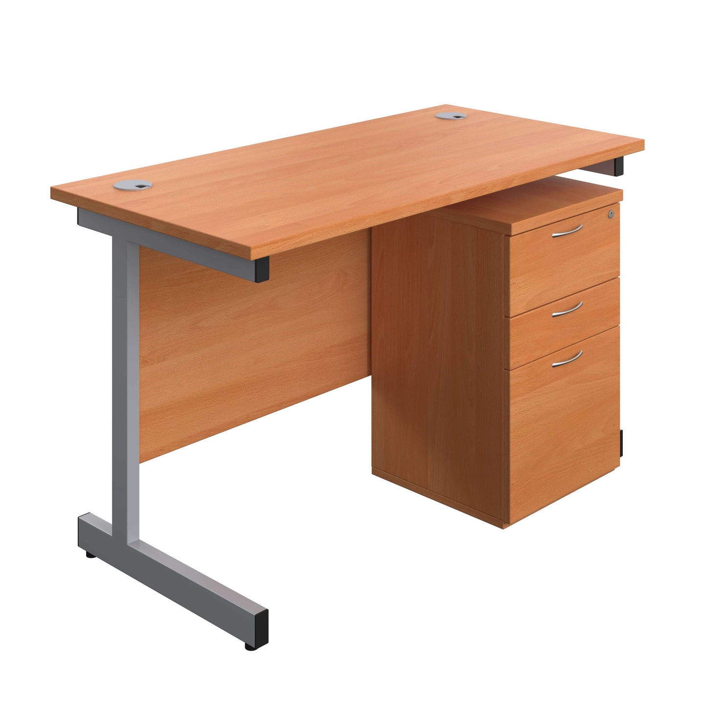 Single Upright Rectangular Desk + High Mobile Pedestal 3 Drawer (FSC) | 1200 X 600 | Beech/Silver