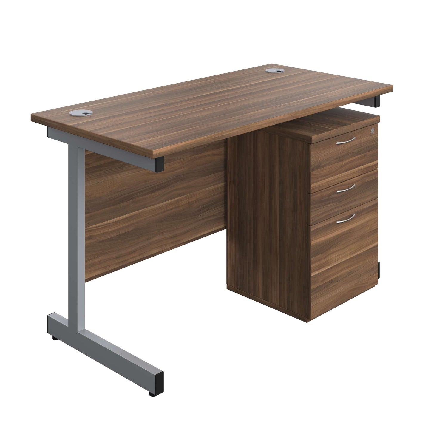 Single Upright Rectangular Desk + High Mobile Pedestal 3 Drawer (FSC) | 1200 X 600 | Dark Walnut/Silver