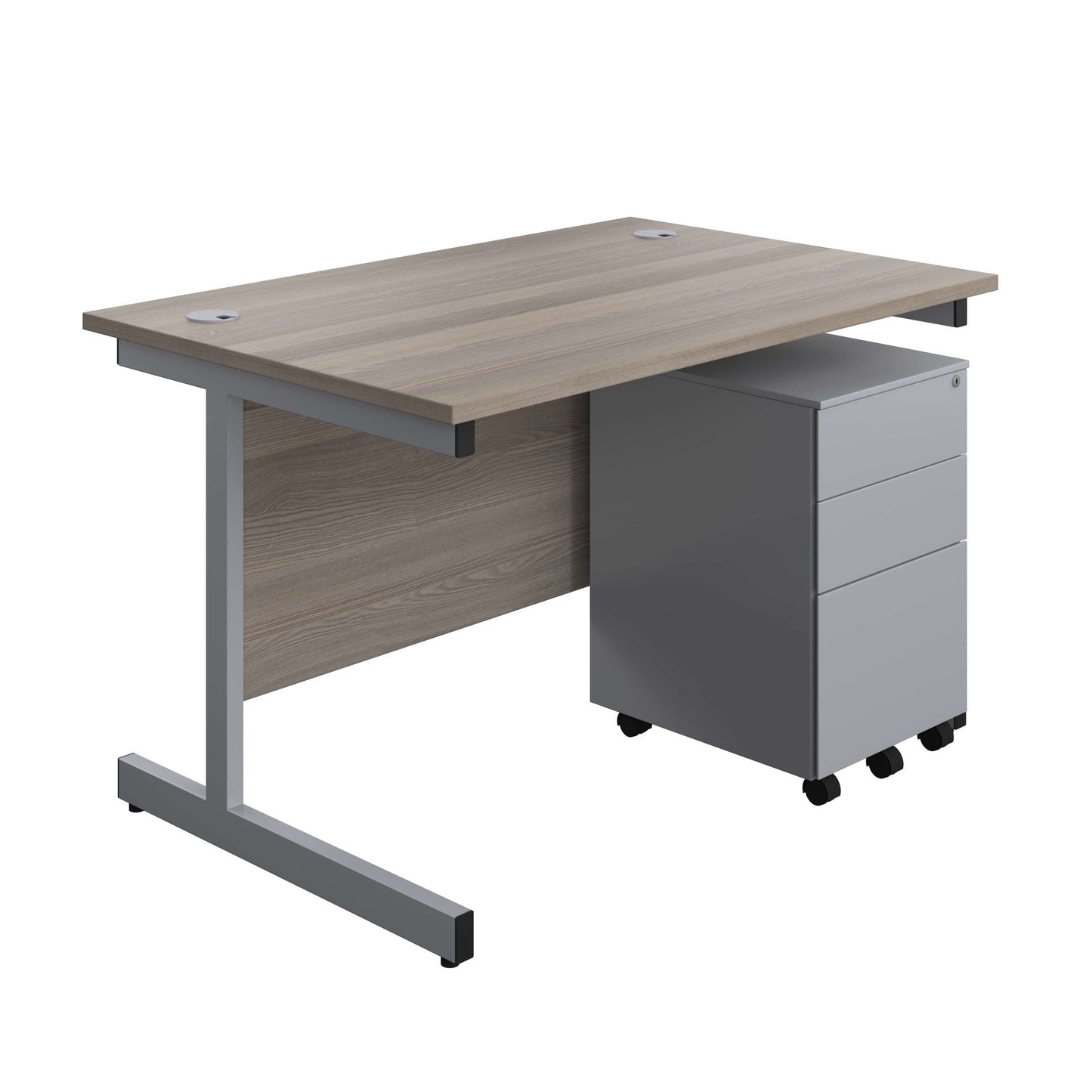 Single Upright Rectangular Desk + Under Desk Steel Pedestal 3 Drawers (FSC) | 1200 X 800 | Grey Oak/Silver