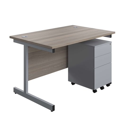 Single Upright Rectangular Desk + Under Desk Steel Pedestal 3 Drawers (FSC) | 1200 X 800 | Grey Oak/Silver