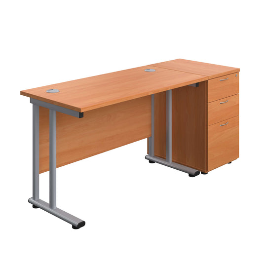 Twin Upright Rectangular Desk + Desk High 3 Drawer Pedestal (FSC) | 1200X600 | Beech/Silver