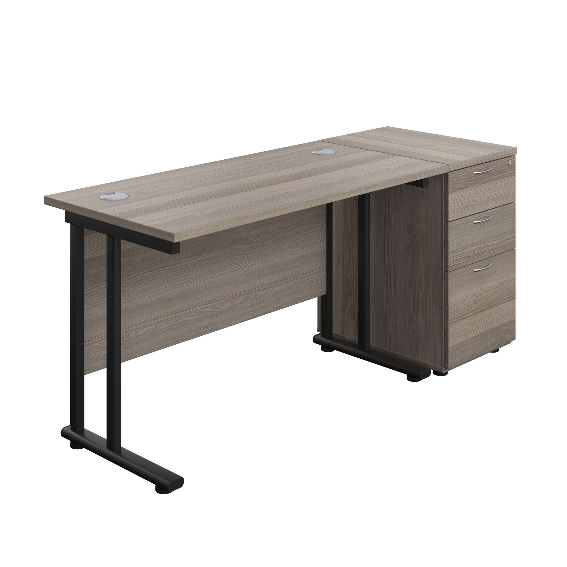 Twin Upright Rectangular Desk + Desk High 3 Drawer Pedestal (FSC) | 1200X600 | Grey Oak/Black