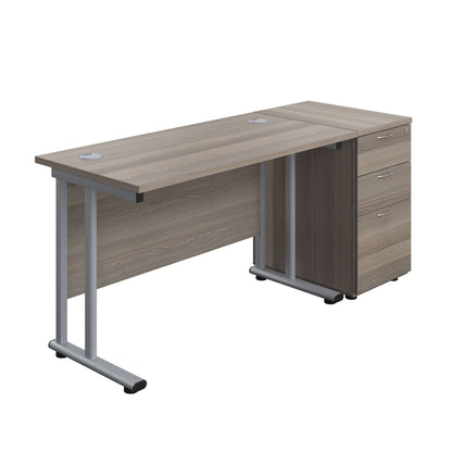 Twin Upright Rectangular Desk + Desk High 3 Drawer Pedestal (FSC) | 1200X600 | Grey Oak/Silver