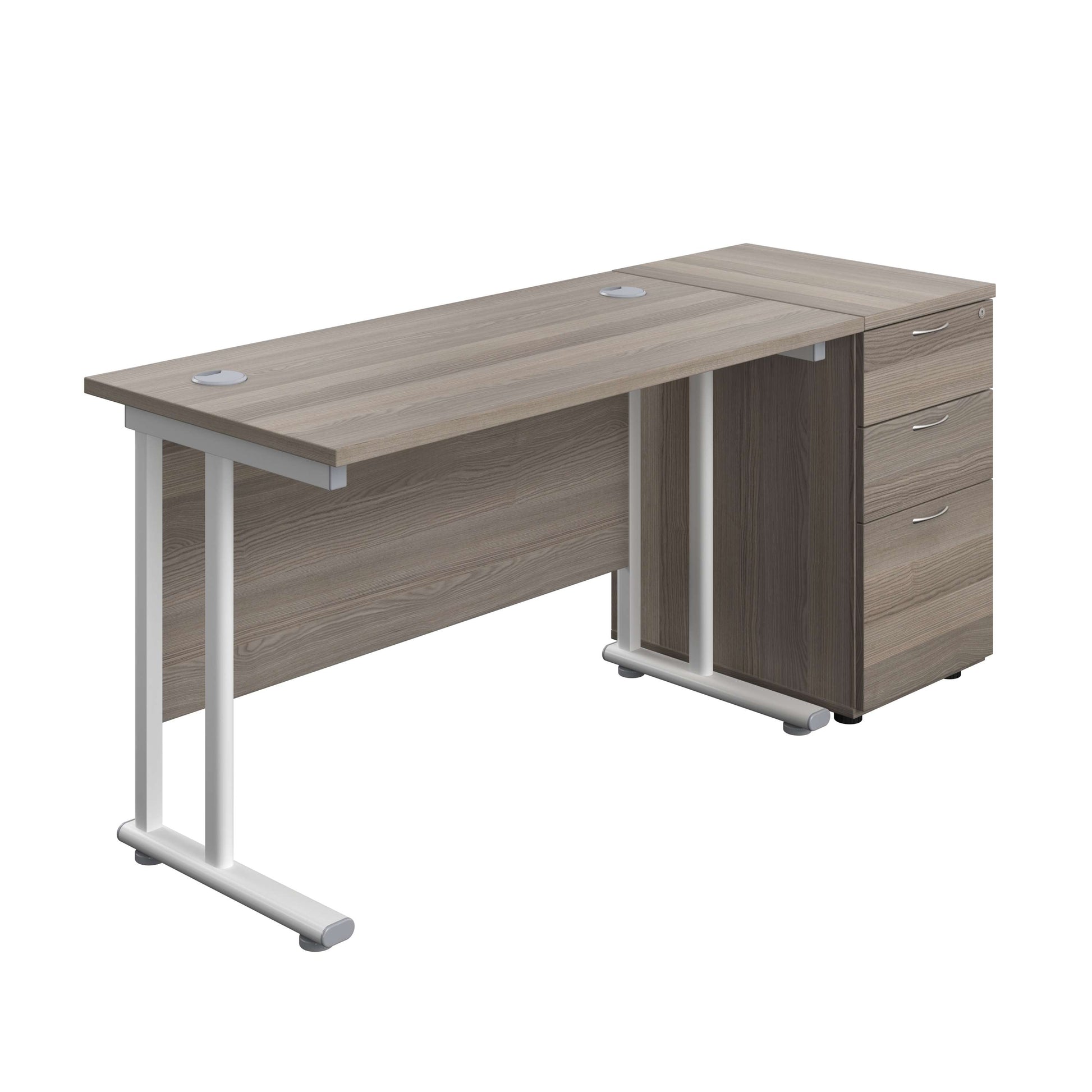 Twin Upright Rectangular Desk + Desk High 3 Drawer Pedestal (FSC) | 1200X600 | Grey Oak/White