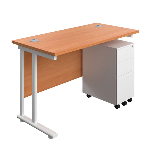 Twin Upright Rectangular Desk + Slimline Steel Pedestal 3 Drawers (FSC) | 1200X600 | Beech/White