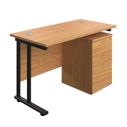 Twin Upright Rectangular Desk + High Mobile Pedestal 3 Drawer (FSC) | 1200X600 | Nova Oak/Black