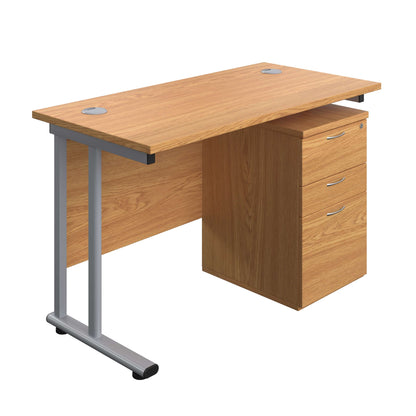 Twin Upright Rectangular Desk + High Mobile Pedestal 3 Drawer (FSC) | 1200X600 | Nova Oak/Silver