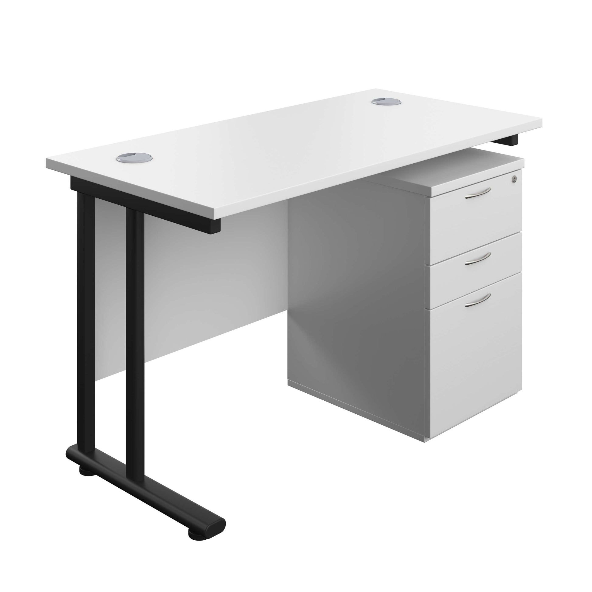 Twin Upright Rectangular Desk + High Mobile Pedestal 3 Drawer (FSC) | 1200X600 | White/Black