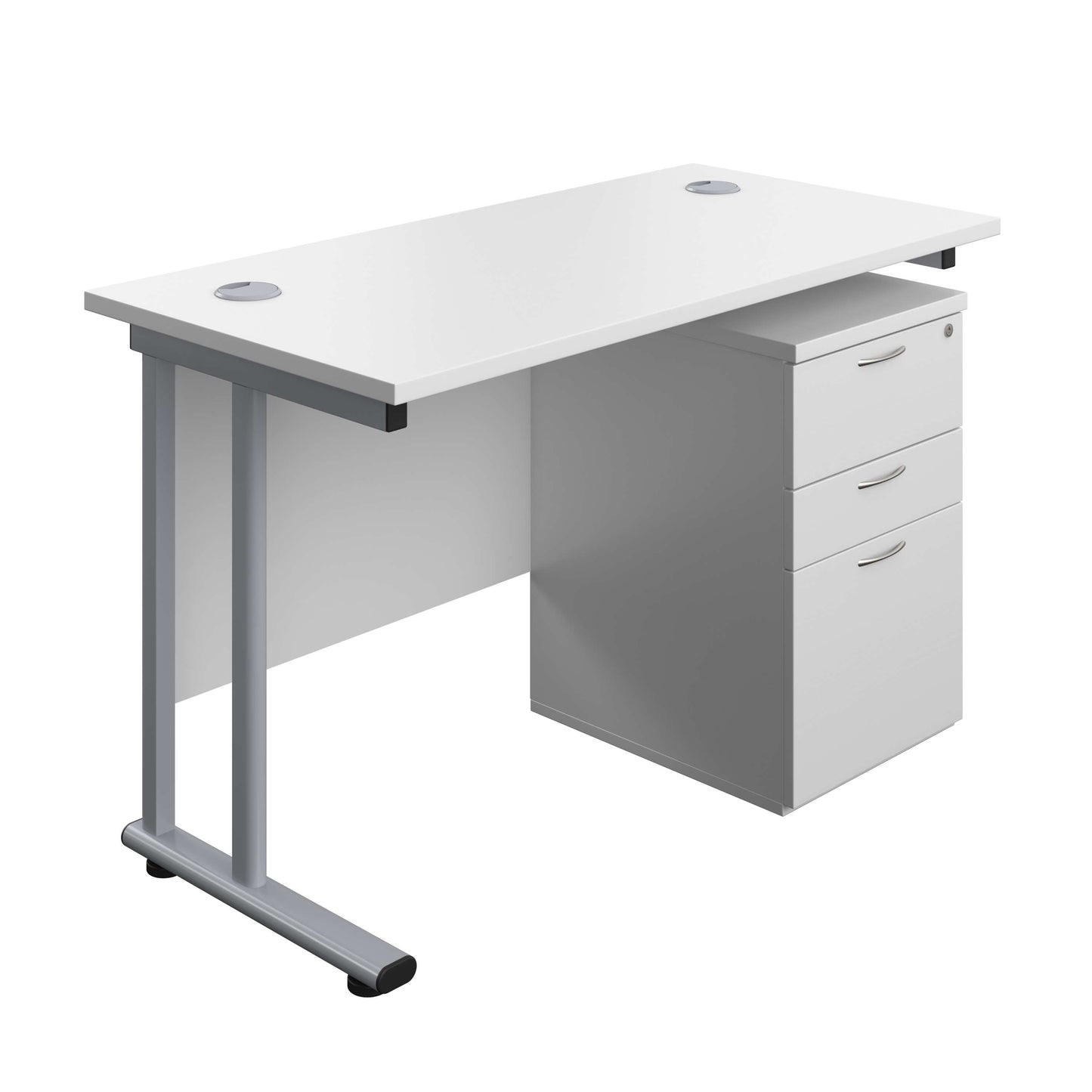 Twin Upright Rectangular Desk + High Mobile Pedestal 3 Drawer (FSC) | 1200X600 | White/Silver